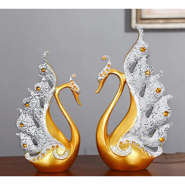 Conjunto de 2 piezas decorativas de estilo europeo para sala de estar, estatua de cisne creativa para decoración del hogar, de lujo, color dorado y plateado