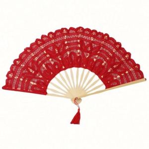 Abanico de Encaje Colorido de 27 CM, Abanico de Encaje Personalizado Hecho a Mano con Varillas de Bambú para Decoración de Bodas, Baile y Fiestas - Product Image 3