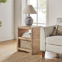 Table de chevet en jonc de mer naturel tressé à 2 niveaux avec rangement ouvert, table d'appoint en rotin avec tiroir pour salon et chambre à coucher
