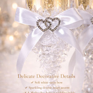 Juego de Copas de Champán <span class=keywords><strong>para</strong></span> Boda, Elegantes Copas con Tallo Estilo Cristal, Lazo de Satén Blanco y Acento de Doble Corazón, Copas <span class=keywords><strong>para</strong></span> Brindis de Novios - Product Image 3