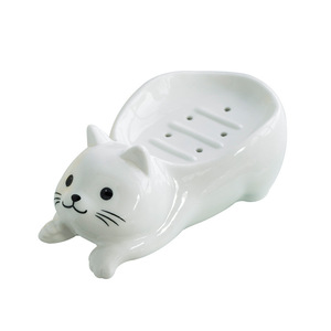 Ceramic Cat Soap Dish White Pottery Self Drain Design For Home Office Use - Product Image 5