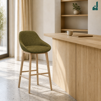 Tabouret de bar en tissu nordique avec dossier, pieds en bois massif, chaise de bar rembourrée à hauteur de comptoir pour réception de bureau