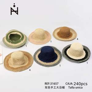 Sombrero de Paja de Ala Ancha Hecho a Mano en Dos Tonos, Unisex, para Playa, Protección Solar, Talla Única - Product Image 1