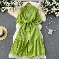 Robe Chemise Midi Décontractée d'Été en Coton Gaufré à Col en V, Manches Bulles, Boutonnée et Brodée de Dentelle, Marque Privée, pour Femme avec Ceinture