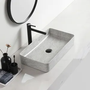 High Quality Bathroom Rectangular Marbled Wash Basin Modern Ceramic Counter Top Sink