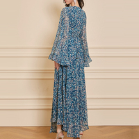 Robe longue personnalisée d'automne à volants, col en V, manches longues, mousseline de soie imprimée, tenue décontractée pour femme
