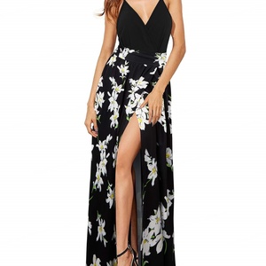 Vestido largo de chifón con estampado floral y cuello en V para mujer, sin espalda, sexy, casual, con abertura, sin mangas, estilo A-line, ideal para la playa. - Product Image 1