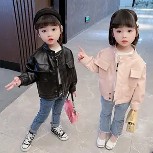 2023 Simple Style Girl Baby Autumn Winter PU Coat Jacket 1-5 Age Kids Fashion Leather Jackets All-Match Tops