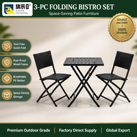 Ensemble bistrot pliant 3 pièces, table en métal noir, 2 chaises avec assise en rotin tressé, meubles de patio peu encombrants