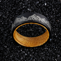 Cincin Kawin POYA 8mm Tungsten Hitam Datar Motif Hutan Pegunungan dengan Inlay Kayu Tong Whiskey, Hadiah untuk Pria