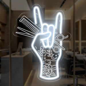 Enseigne néon LED en acrylique « Main tenant des ciseaux et un peigne » pour studio de coiffure et salon de beauté, décoration facile à installer 15.734L X 11.834W - Product Image 1