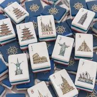 Juego de Mahjong Americano de Doble Capa Acrílica en Azul, Blanco y Dorado, con Fichas de Mahjong con Diseño de Monumentos Turísticos