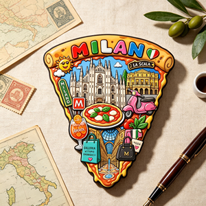 Imán de Madera con Forma Irregular de Milán, <span class=keywords><strong>Italia</strong></span>, Recuerdo de Viaje con Diseño del <span class=keywords><strong>Duomo</strong></span>, La Scala y Aperol Scooter, Regalo Turístico Italiano - Product Image 4