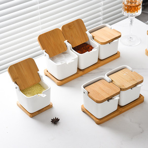 Square Ceramic <b>Spice</b> <b>Jars</b> With Wooden Lids Airtight Minimalist Nordic Style Set For Home Use - Product Image 3