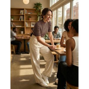 Custom Women's Striped Ribbed Mock Neck <b>Top</b> Short Sleeve Slim Fit Knit Shirt - Product Image 5