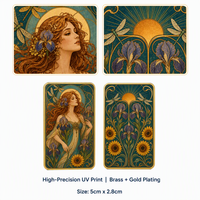 Carte de collection en métal double face, style Art Nouveau vintage, motif Iris, Tournesol, Libellule, avec cadre doré, décoration florale naturelle, cadeau