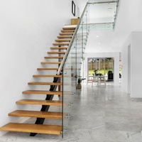 Escalier flottant moderne en acier avec marches en bois et garde-corps en verre pour villa, escalier intérieur en Chine