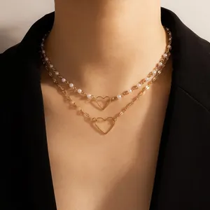 Minimal Layered Pearl Heart Collier Creux 316 En Acier Inoxydable Style Baroque Femmes Élégantes Cadeau Bijoux De Mode