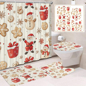 Rideau de Douche en Polyester Motif Renne de Noël, Arbre de Noël et Bonhomme de Neige, Ensemble Rideau et Tapis de Salle de Bain, Vente en Gros - Product Image 3