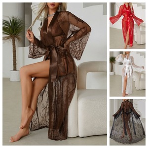 Leicht luxuriöses, transparentes, atmungsaktives Spitzen-Nachthemd mit V-Ausschnitt zum Binden, <span class=keywords><strong>Cardigan</strong></span>-Stil, lange Ärmel, Sommer-Design, erhältlich – Damenbekleidung - Product Image 2