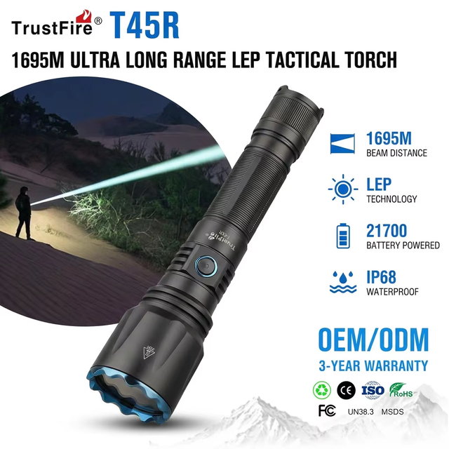 TrustFire T45R LEP Flashlight 650 Lumens 1695M Ultra Long Range Tactical Torch 21700 USB-C Rechargeable IP68 Searchlight OEM ODM