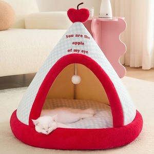 Triangle Ferme Chat Grotte Lit Polycoton Polaire Corail Doux Pliable Housse Amovible Ecossais Toutes Saisons Interieur Chiens - Product Image 3