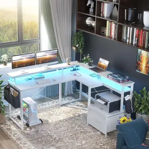 Escritorio de oficina en casa blanco con estante para monitor, estudio de juegos grande, esquina en forma de L, escritorio de computadora Simple ajustable con diseño de moda