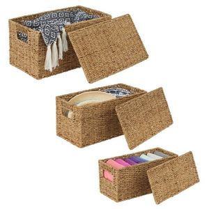 Boîte de rangement en <span class=keywords><strong>osier</strong></span> avec couvercle, ensembles de paniers décoratifs pour murs, paniers tissés blancs pour bébés, poignées, <span class=keywords><strong>linge</strong></span> sale, X 3 grand format - Product Image 4
