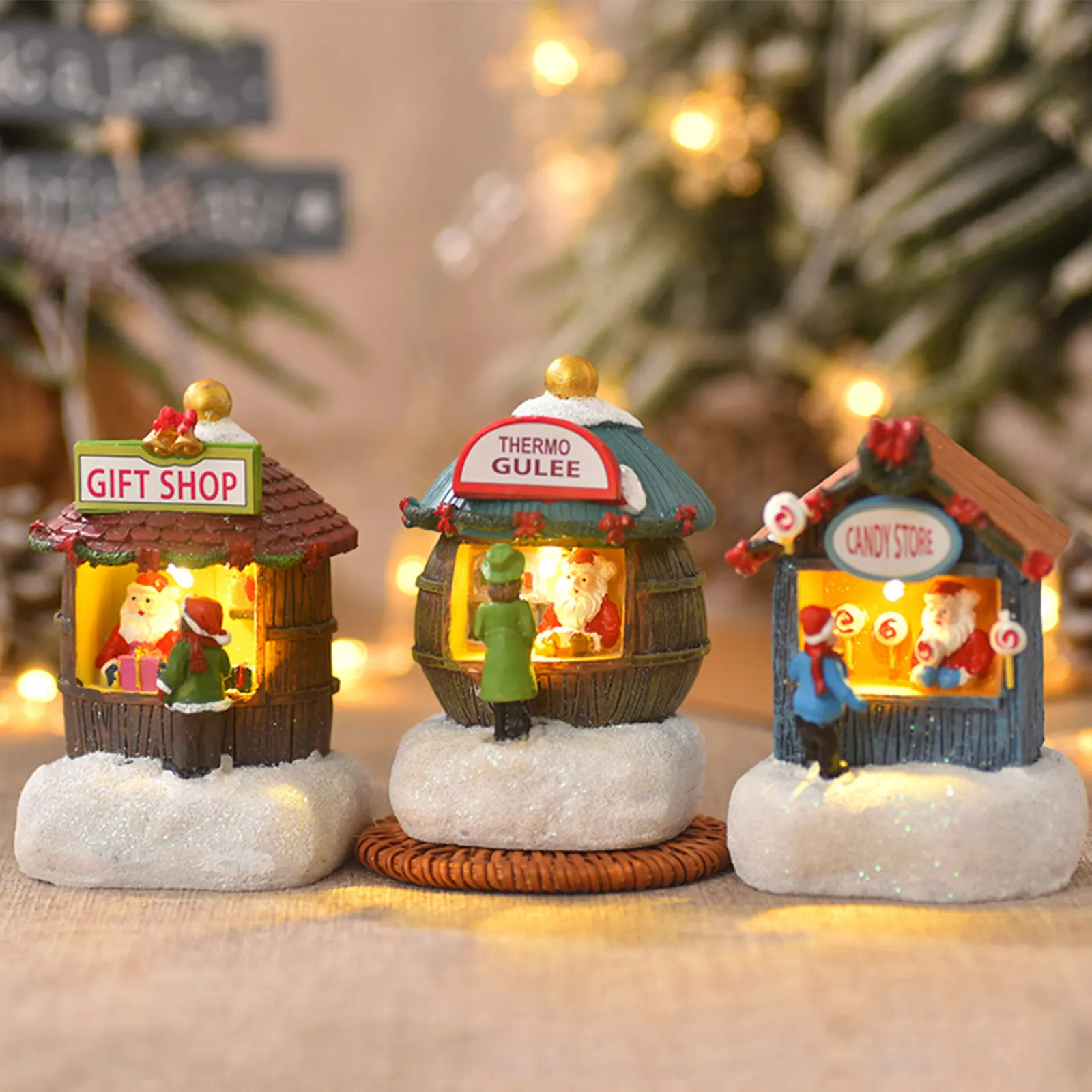 Christmas Tabletop Decoration House Led Light Xmas Ornaments For Home Desktop Resin Crafts Festival Candy Store Holiday