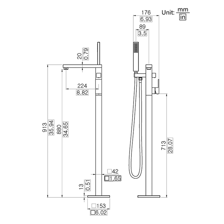 Free Standing Complete Set Square Brass Bathtub Faucet