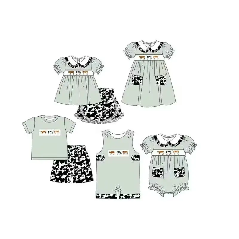 New Style Western Style Girl Clothes Outfits Bordado Vaca Pattern Design Baby Summer Set Toddler Clothes