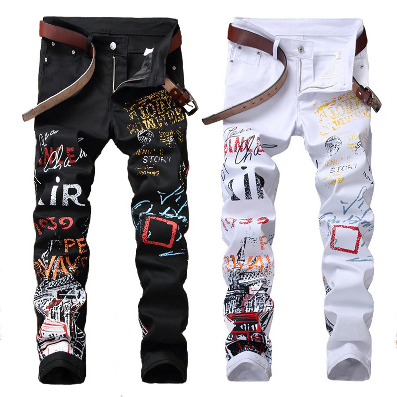 High Street Fashion Men's Jeans Night Club Black White Color Personal Designer Printed Jeans Men Punk Pants Skinny Hip Hop Jeans