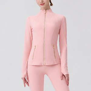 Custom Women Yoga Jacket Full Sleeve <b>Mock</b> <b>Neck</b> Solid Red Active Stretch Seamless Zipper Front Fitness Gym Sports <b>Top</b> - Product Image 3