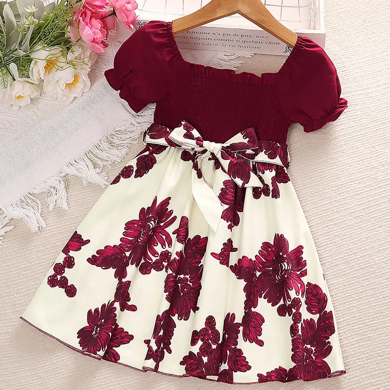 Summer Big Girls Clothes Printed Flower Puff Sleeves Red Princess Kids Frock Retro Style Girl Casual Dress