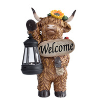 Statue de nain créative en résine Vache des Highlands avec lumière solaire, décoration extérieure pour la maison, motif animal fait main, objet de collection religieux