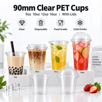 Gobelets en plastique PET de 90 mm, 12 oz, 14 oz, 16 oz, gobelets en plastique jetables transparents avec couvercles, logo personnalisé, gobelets pour jus, gobelets pour bubble tea, gobelets pour café