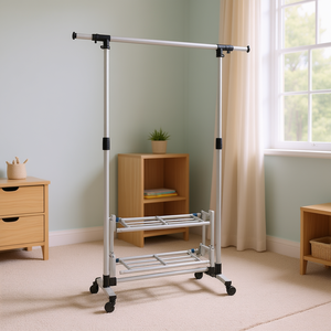 Porte-vêtements en métal robuste avec étagères inférieures et roulettes pour organiser les vêtements des enfants, rangement de garde-robe - Product Image 2