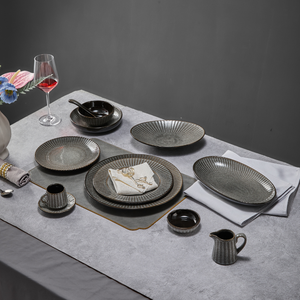 Service de table en porcelaine à rayures noires en <span class=keywords><strong>laine</strong></span>, style rustique classique ST, assiettes, plats, bols, soupières en céramique polie pour restaurant - Product Image 4