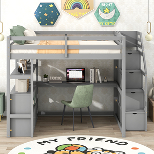Lit mezzanine moderne gris pleine taille avec bureau, rangement, escalier, cadre <span class=keywords><strong>en</strong></span> pin massif, <span class=keywords><strong>2</strong></span> tiroirs et barrières de sécurité pour enfants et adultes - Product Image 3