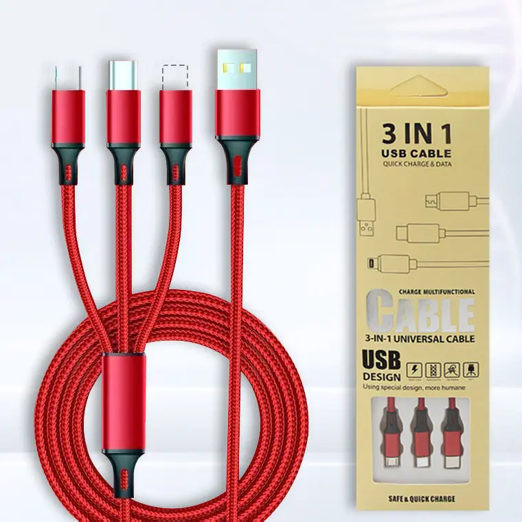 Kabel pengisi daya cepat, nilon kepang Cepat 8 Pin USB 3 in 1 USB ke tipe-c micro-usb untuk ponsel