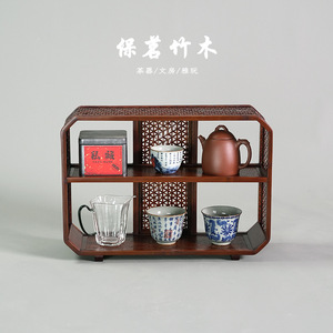 Étagère de présentation antique en bambou tressé laqué, support de rangement pour service à thé, ornement rétro multi-compartiments pour salon de thé, surplus de stock. - Product Image 3