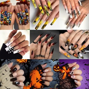 W2 24 pièces <span class=keywords><strong>Faux</strong></span> ongles à presser pré-dessinés sur le thème d'Halloween avec motif marbré, ensemble mixte, pour fêtes, approvisionnement direct usine - Product Image 1