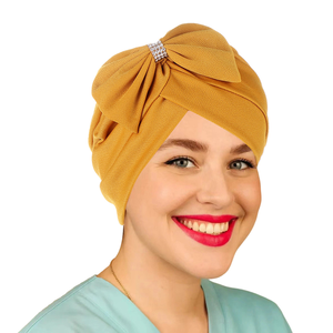 HZM-61239 Stock d'usine, chapeau hijab musulman pour femmes, couleur unie, devant court, nœud croisé, turban - Product Image 1