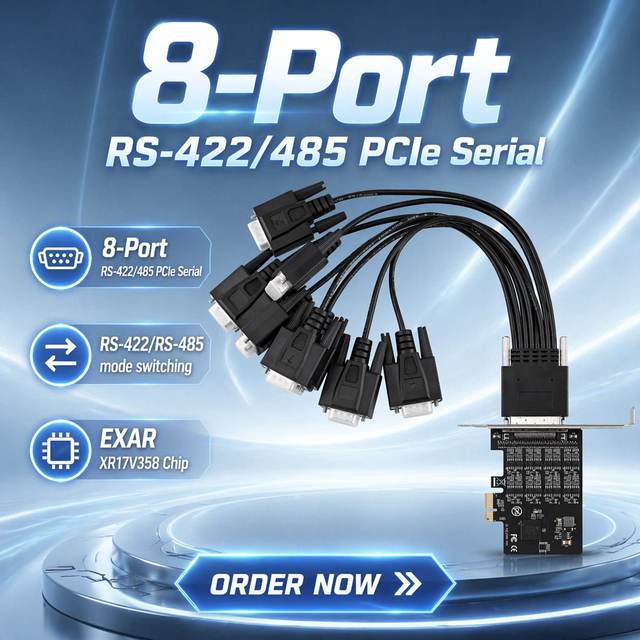 Industrial 8 Port RS422 RS485 PCIe Serial Card EXAR XR17V358 Chip Express Controller 20kV ESD Protection High Speed 921.6 Kbps