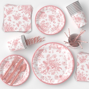 Set di Decorazioni <span class=keywords><strong>per</strong></span> <span class=keywords><strong>Feste</strong></span> in Stile Cinese Rosa e Bianco, Piatti e Tovaglioli con Motivo Floreale Rosa - Product Image 5