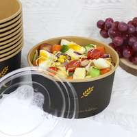 Bol à salade jetable rond en papier kraft noir imprimé avec couvercle, en film CPET, compatible micro-ondes, 1100 ml, vente en gros