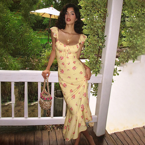 Vestido largo floral sexy francés, estilo vacaciones en el campo, con pequeñas mangas abullonadas, elegante y lindo, con cuello cuadrado, vestido de verano. - Product Image 4