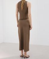 Produsen Busana Wanita Elegan Set Co-ord Cokelat Kancing Katak Cina, Rompi dan Rok Midi