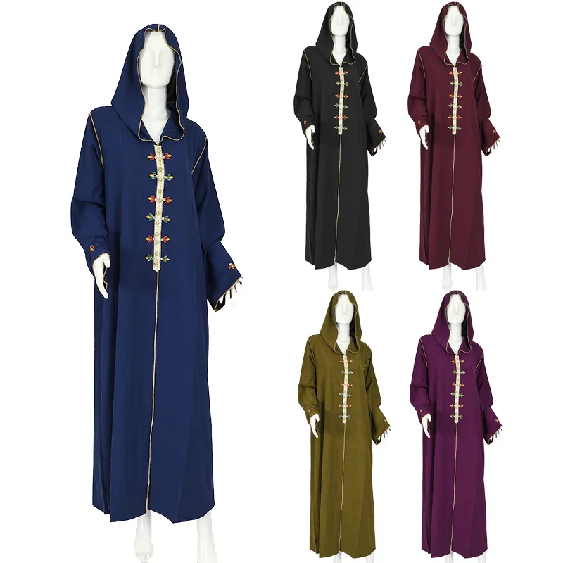 Yeni abaya tasarımları 2023 İslami giyim kapşonlu elmas toptan dubai müslüman elbise kadınlar için turkis altın trim ile
