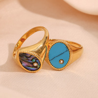 Bijoux de mode étanche 18K plaqué or en acier inoxydable Turquoise chevalière goutte d'eau ormeau coquille Zircon anneau pour les filles